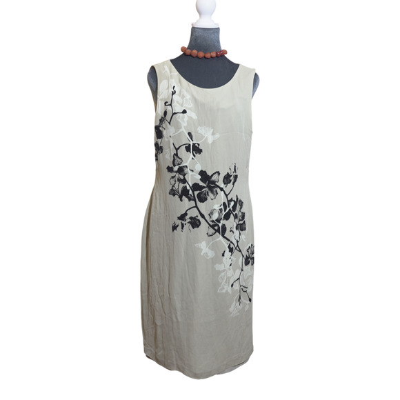 Casual Corner Dresses & Skirts - Casual Corner 100% Silk Sheath Dress Sz 14 Beige Black Floral Sleeveless GUC